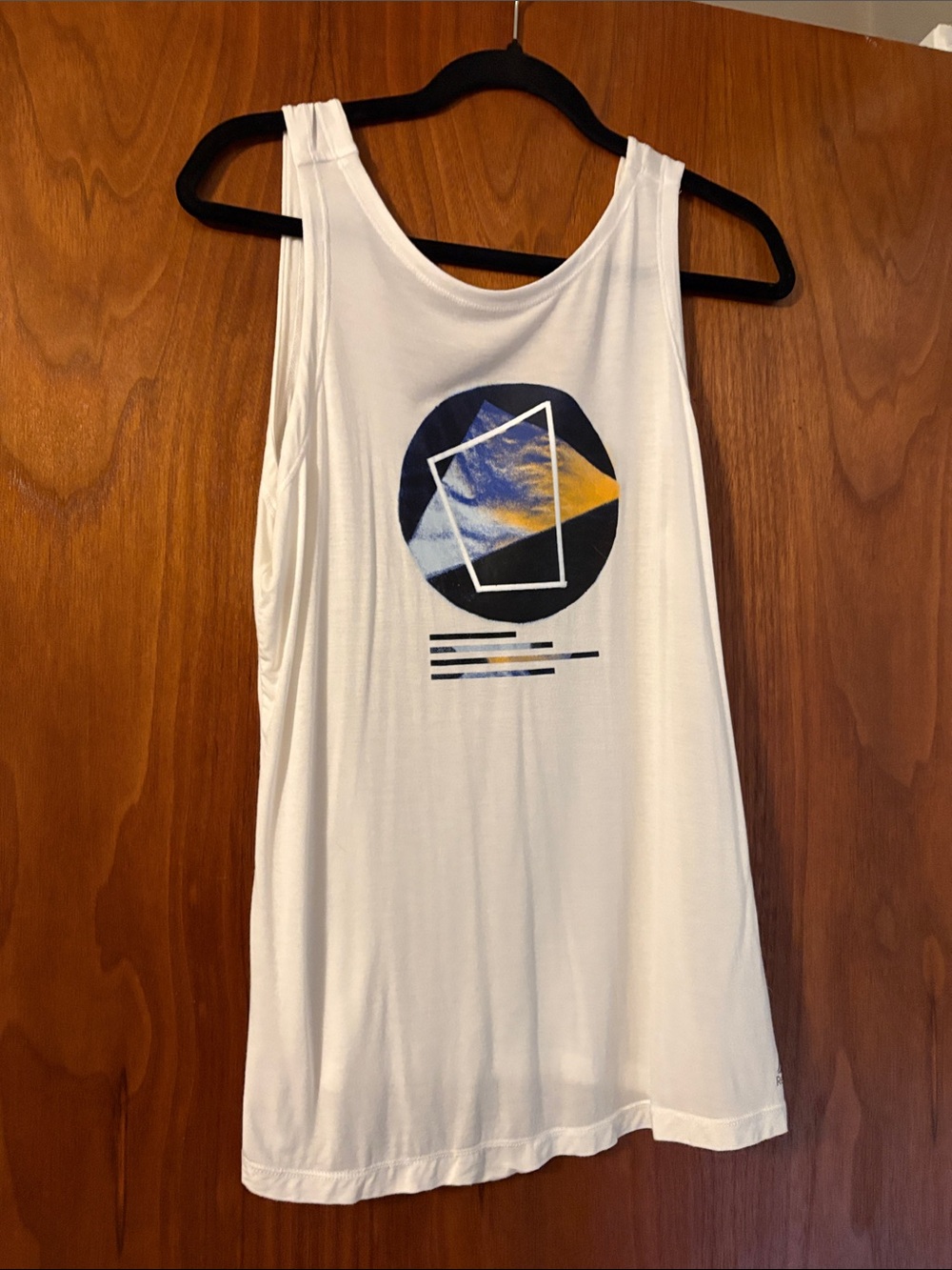Reebok White Tank Top with Blue & Yellow Geometric Print
